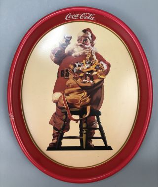 Vintage 1987 Coca - Cola Oval Tin Retro Santa Claus Christmas Serving Tray Aa