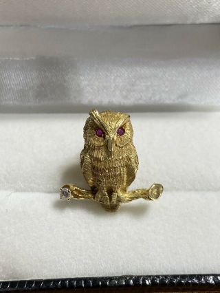 Vintage 18k Gold Mid Century Modern Diamond And Ruby Owl Brooch Pin