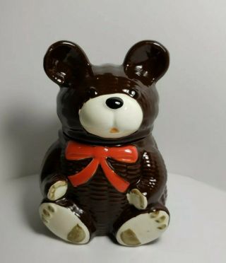 Otagiri Ceramic Teddy Bear Jam Jar Honey Pot Storage Bow Tie Vintage 1979 Japan