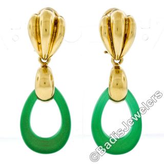 Vintage Tiffany & Co.  18k Yellow Gold Green Chrysoprase Dangle Clip - On Earrings