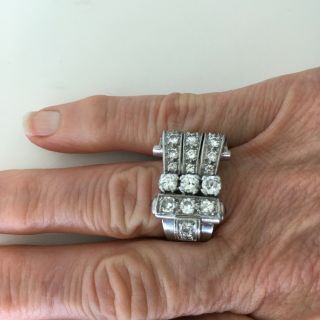 Vintage Art Deco Platinum Diamond Retro 1930s Scroll Cocktail Ring W Ruby Accent