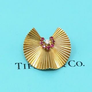 Nyjewel Tiffany & Co 18k Yellow Gold Ruby Diamond Wavy Pin Brooch