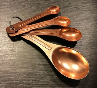 Vintage Set Of 4 Copper Color Aluminum Measuring Spoons On Ring