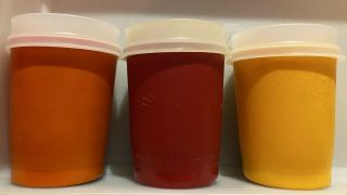 Set Of 3 Vintage Tupperware 6 Oz Juice Cup With Lid 1251 Red Orange Yellow