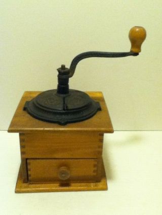 Vintage Wooden Box Coffee Grinder With Cast Iron Lid & Hand Crank With Drawer