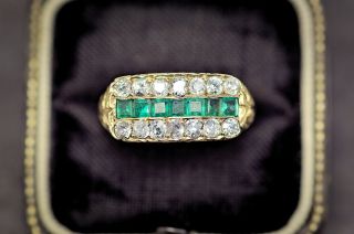 Vintage English 18k Gold White Sapphire Emerald Line Ring