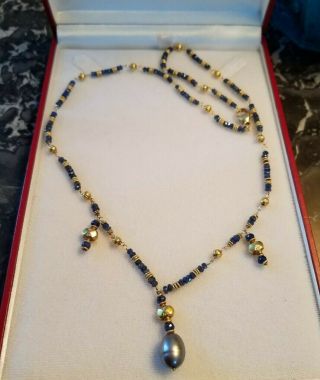 Gorgeous Estate Sapphire &18k - 22k Gold Beads Necklace - South Sea Pearl Drop