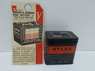 Vintage Atlas Battery Pressed - Tin Litho Advertising Bank W/ Battery Check Card