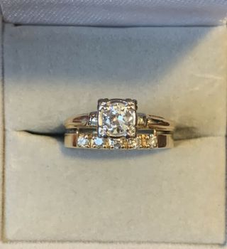 European Cut Vintage Diamond Ring 14k Gold W/ Wedding Band