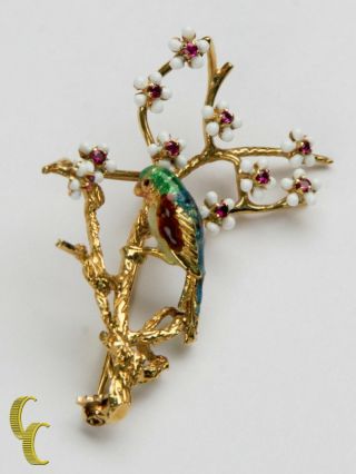 Unique 18k Yellow Gold Broach W/ Enamel Parrot And Gemstone Blossoms 8.  3 Grams