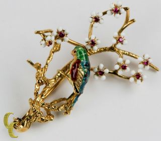 Unique 18k Yellow Gold Broach w/ Enamel Parrot and Gemstone Blossoms 8.  3 grams 2