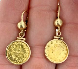 Collectible Two (2) X 1853 Liberty Head $1.  00 Dollar Us Gold Coins As Earrings