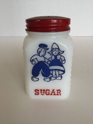 Vintage White Milk Glass Sugar Shaker With Red Cap Dutch Boy & Girl