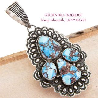 A,  Squash Blossom Necklace Pendant Golden Hill Turquoise Sterling Silver Navajo