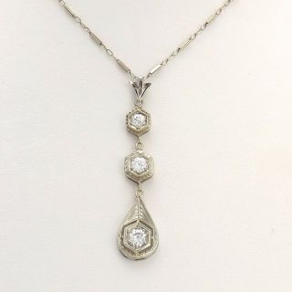 Art Deco 14k White Gold 3 Round Diamond Dangle Pendant Bar Link Chain Necklace