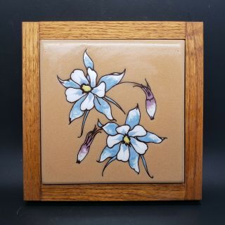 Vintage Hand Painted Framed Art Tile Of Blue Flowers By Whipple & Sibley;