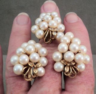 Estate Set Of 14k Gold Pearl & Diamond Cluster Earrings & Ring Size 8 Big Runway