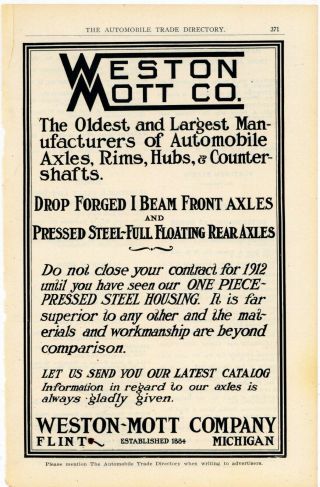 1912 Weston Mott Co.  Ad: Auto Parts,  Axles For Cars - Flint,  Michigan.  Est.  1884