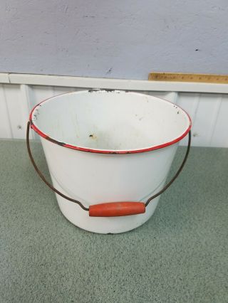Vintage Farmhouse White Enamel Ware Bucket W/red Rim And Red Wooden Handle