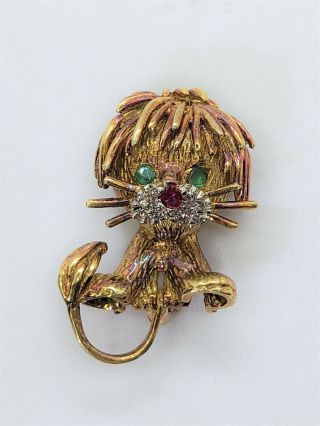 Vintage Whimsical Hammerman Brothers 18k Gold Diamond Ruby Emerald Lion Brooch