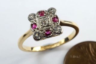 Art Deco English 18k Gold & Platinum Ruby Diamond Cluster Ring C1920 