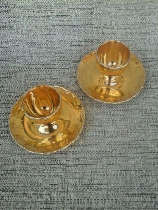 Antique Vintage Fancy Gold Lustered Porcelain Single Egg Cups Attached Saucer.