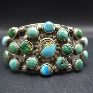 Old 1920s Navajo Hand - Stamped Sterling Silver Turquoise Cluster Cuff Bracelet