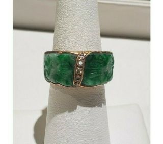Vintage 14k Solid Good Carved Green Jade And Diamond Ring