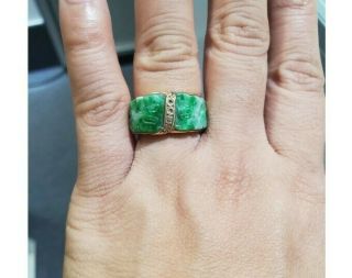 Vintage 14k solid good carved green jade and diamond ring 2
