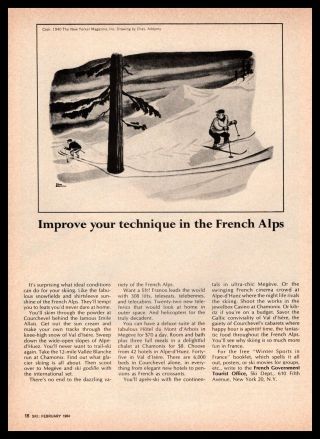 1964 French Government Tourist Office Charles Addams Ski Alps Cartoon Print Ad