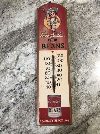 Vintage 1980s Advertising Campbell Soup Pork & Beans Wooden Weather Thermometer