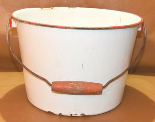 Vintage Enamel Ware - White With Red Trim Pot - Bucket - Red Wood Handle