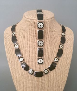 Vintage David Andersen Sterling & Guilloche Black Enamel Necklace & Bracelet Set