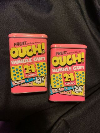 (2) Vintage 1992 Amurol Ouch Pink Bandaid Bubble Gum Containers Tins Empty