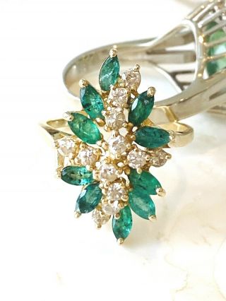 Vintage 14k Gold Emerald & Diamond Cocktail Ring 2