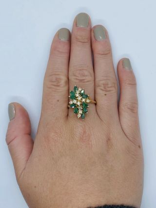 Vintage 14k Gold Emerald & Diamond Cocktail Ring 6