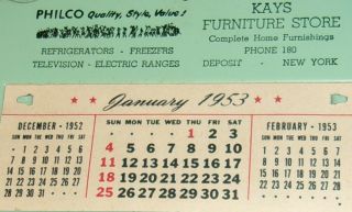 Small Philco Dealer Calendar 1953 Kay ' s Furniture Store Deposit NY 3