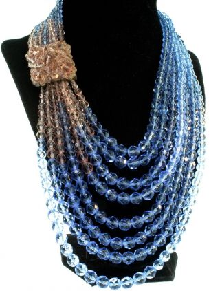 Vtg Coppola E Toppo Champagne & Periwinkle Blue Crystal Bead Necklace Snap Clasp