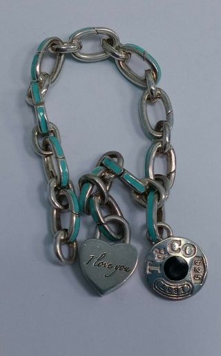 Sterling Silver Tiffany & Co.  Bracelet I Love You Heart Lock Clasp Enamel Links