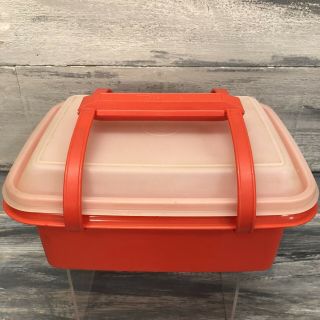 Vtg Tupperware Pak N Carry Lunch Box,  Lid,  Strap 1254 - 1 Paprika Orange