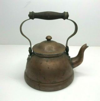 Vintage Copper Wood Handled Goose Neck Tea Kettle Pot B&m Made In Portugal