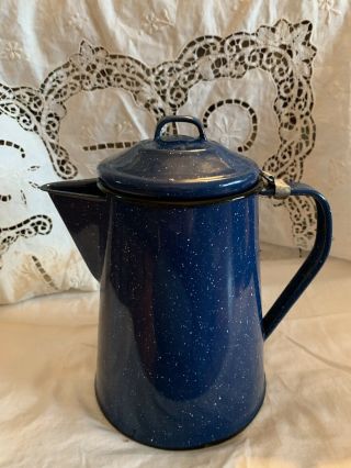 Vtg Blue Speckled Enamelware Percolator Cowboy Camping Coffee Pot 8 In Tall