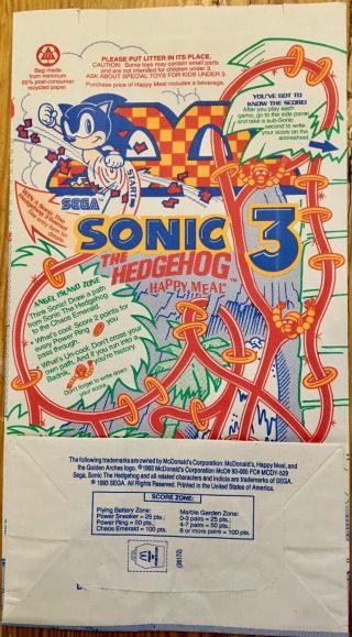 1993 Mcdonalds Sega Sonic The Hedgehog 3,  Happy Meal Paper Bag