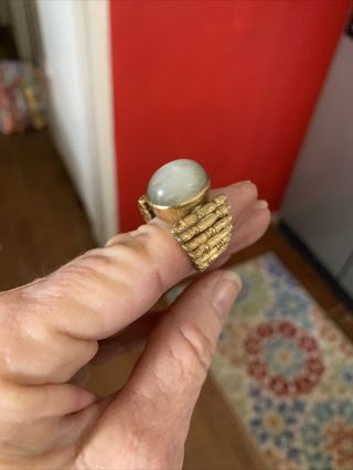 Vintage 14 K Gold Ring Bamboo Design Band With A Moonstone