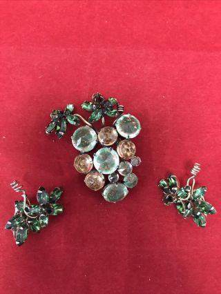 Signed Schreiner York Vintage Green Rhinestone Flower Brooch & Earrings