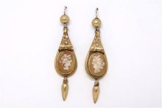 Antique Victorian Pinchbeck Carved Shell Goddess Cameo Spike Drop Earrings C1890