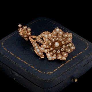 Antique Vintage Nouveau 18k Rose Gold Seed Pearl Floral Motif Necklace Pendant