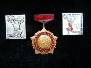 Set Of 3 Ussr Soviet Badge Sports Weightlifting Barbell Championship Junior