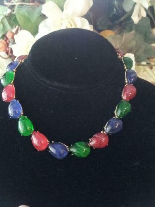 Vtg Regal Signed Trifari Necklace W Ruby Emerald & Sapphire Gripoix Glass Cabs