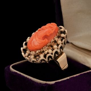Antique Vintage Art Nouveau 14k Rose Gold Etruscan Salmon Coral Cameo Ring 5.  5